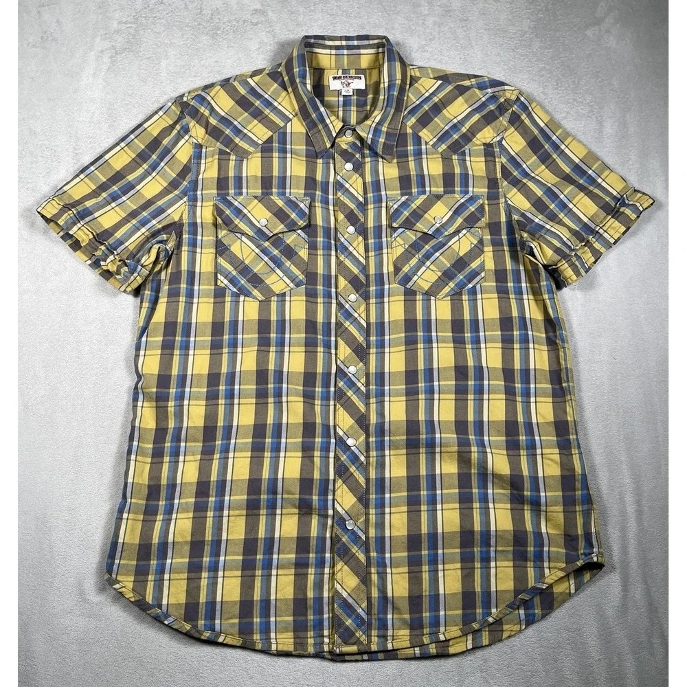 True Religion Pearl Snap Western Shirt Men's L Plaid Stitched Logo Pockets-EUC
